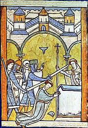A 13th century miniature painting from an illuminated manuscript.  This is the earliest known depiction of Thomas Becket’s assassination.