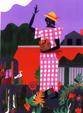“In the Garden/ En el Jardin” by Romare Bearden, American 1914-1988,  Color Lithograph, 1980, Gift of Daniel and Carolyn Klein, El Paso Museum of Art Collection