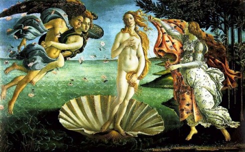 Sandro Boticelli, “The Birth of Venus,” c. 1485-86, 9 feet 2 inches by 5 feet 9 inches.  Uffizi Gallery, Florence.