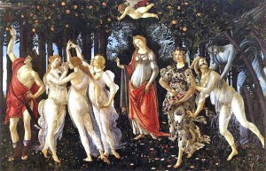 “Primavera”, 1482, 80 x 124 inches, tempera on panel, by Sandro Botticelli.