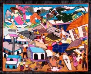 “Seisme” (Earthquake), Port Au Prince, Haiti by Evelyne Alcide, satin, plastic, glass, cotton thread, 37” x 49 ½” 2010.
