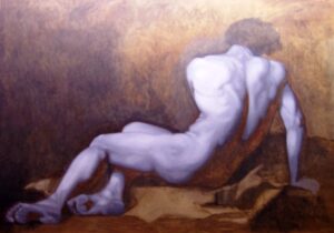 Grisaille stage; Mims Studios atelier, NC, student copy after Jacques-Louis David' "Patroclus" - oil on linen 48" x 78" - wikipedia