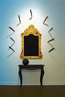 “Heart of Gold” (Dressing Table), 1989, steel, charcoal on paper, gold leaf.