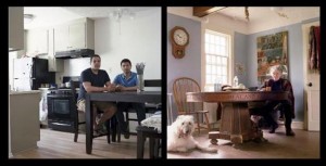 LEFT: Philippe Gagnon and Saul Cruz, Los Angeles, California, 2011, archival pigment print 9 1/2" x 9 1/2". RIGHT: Mary Bok with Surely & Honey the dogs, Camden, Maine, 2011, archival pigment print 9 1/2" x 9 1/2", Courtesy of Carroll & Sons, Boston, MA/Tanja Hollander.